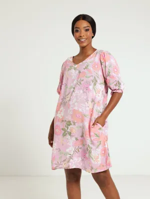 V-Neck Shift Dress With Shirred Cuff - Floral
