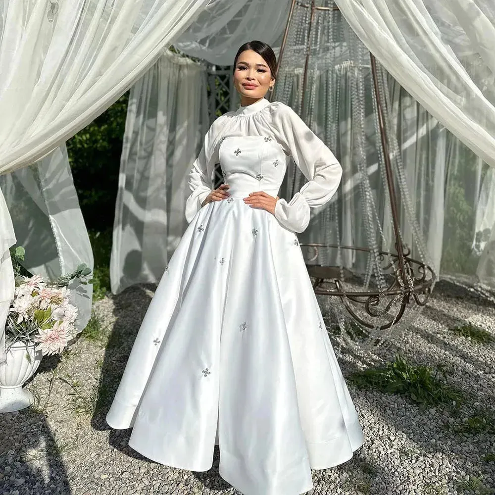 Vintage Muslim Wedding Dresses High neck A Line Wedding Gowns Long Flare Sleeves Crystal Bride Dress Brides Party Gown