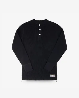 Waffle Knit Long Sleeved Thermal Henley - Black
