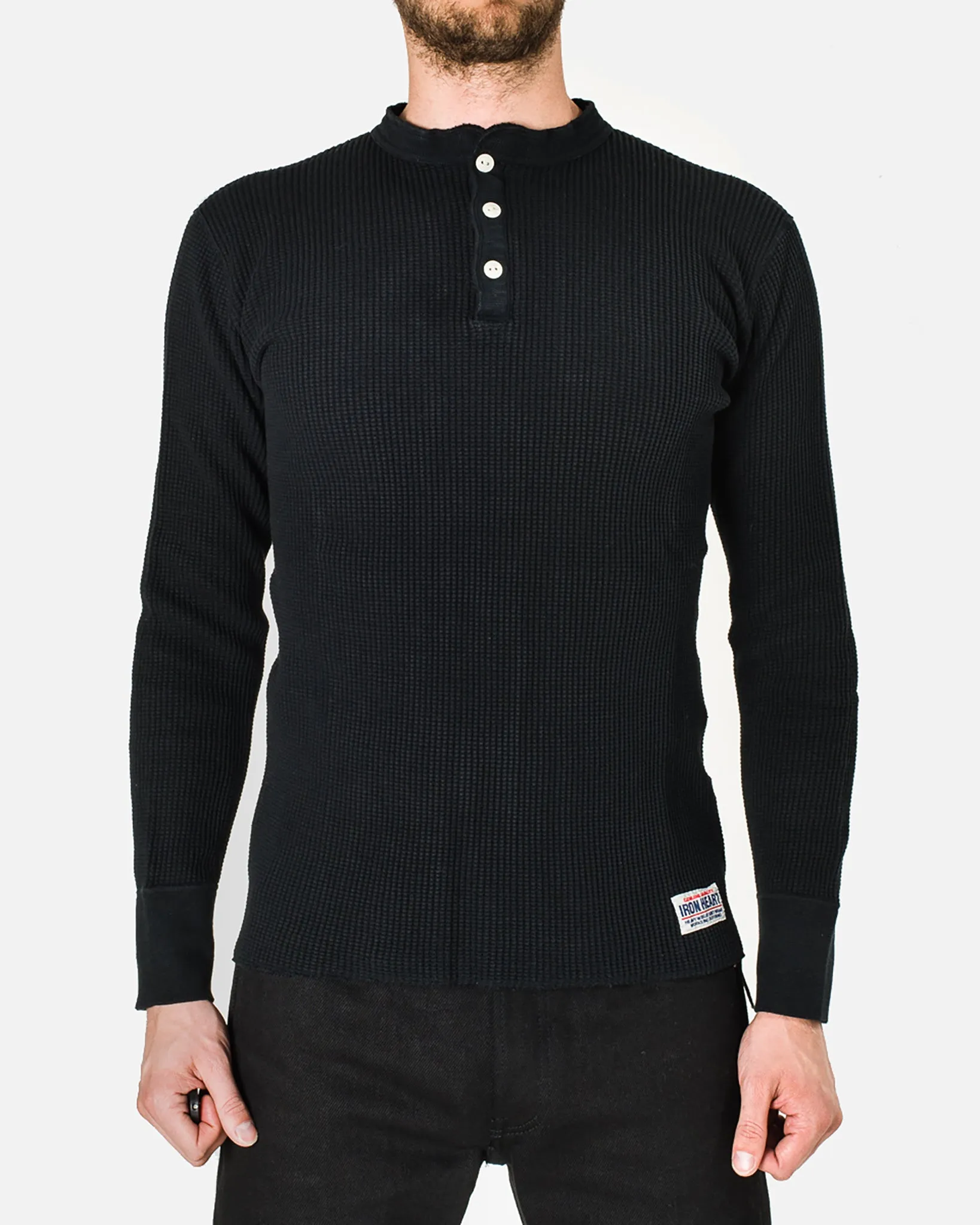 Waffle Knit Long Sleeved Thermal Henley - Black