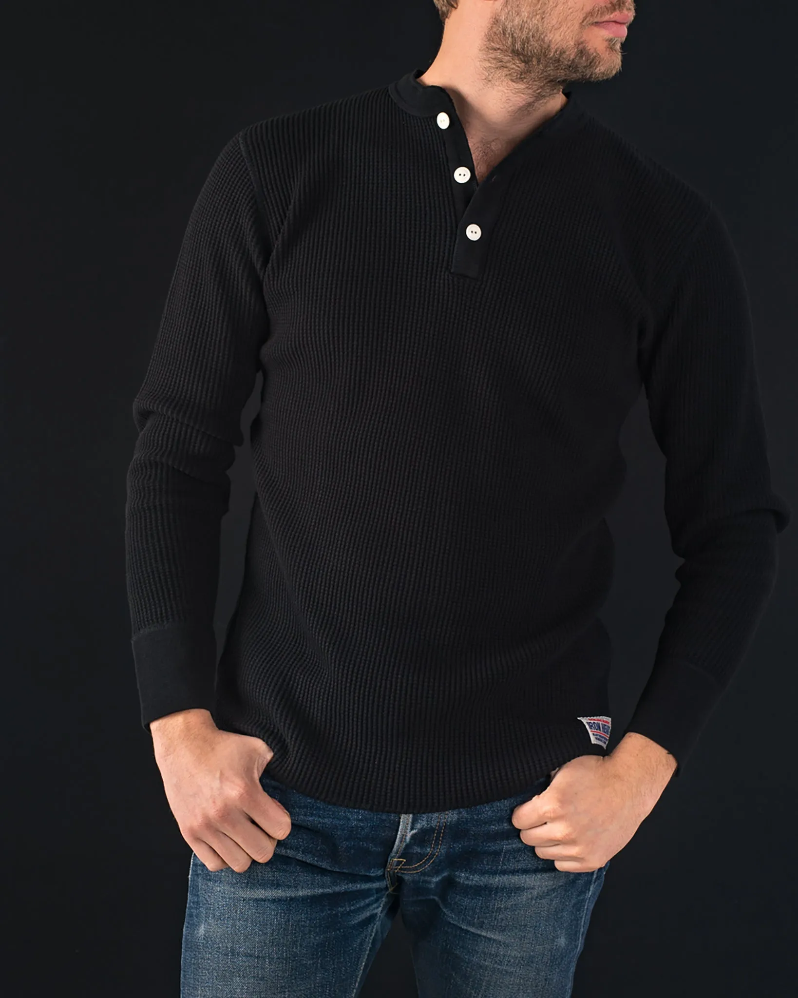 Waffle Knit Long Sleeved Thermal Henley - Black