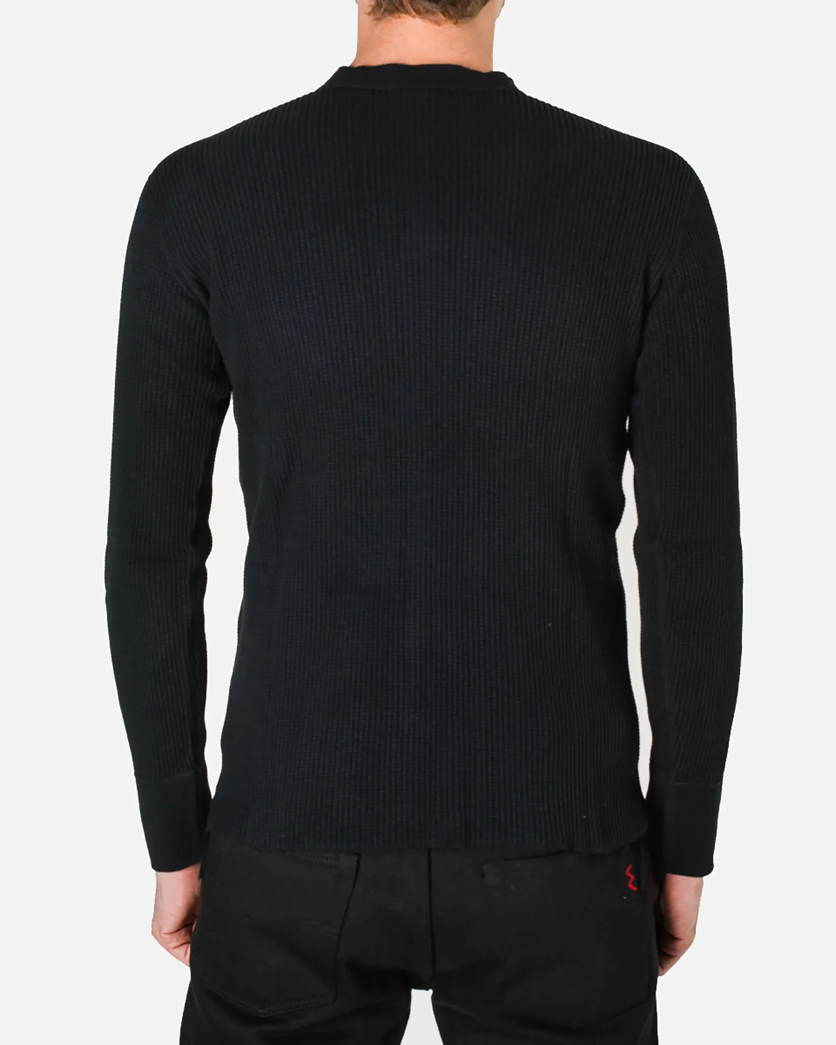 Waffle Knit Long Sleeved Thermal Henley - Black