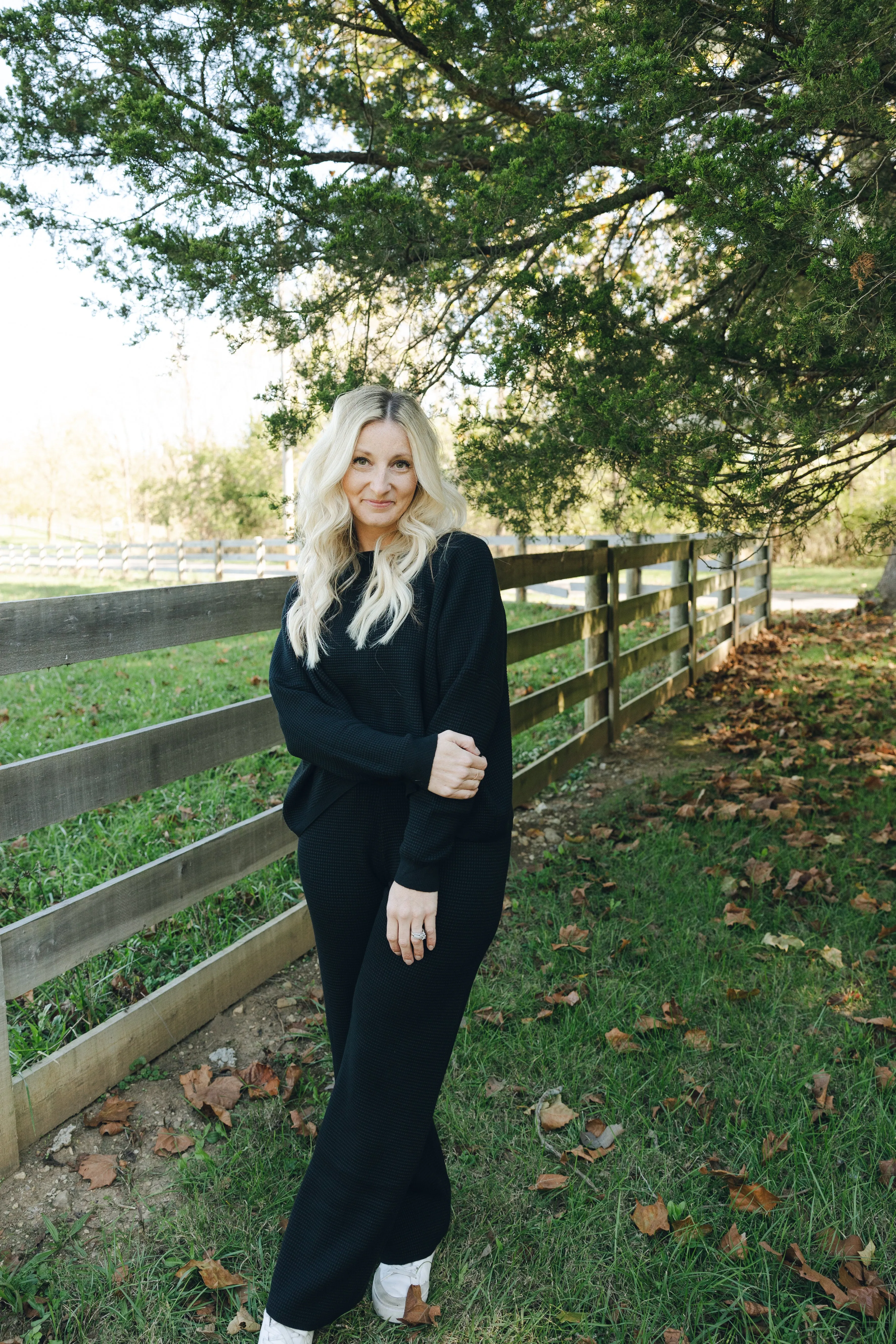 Waffle Textured Sweater Pants-Black