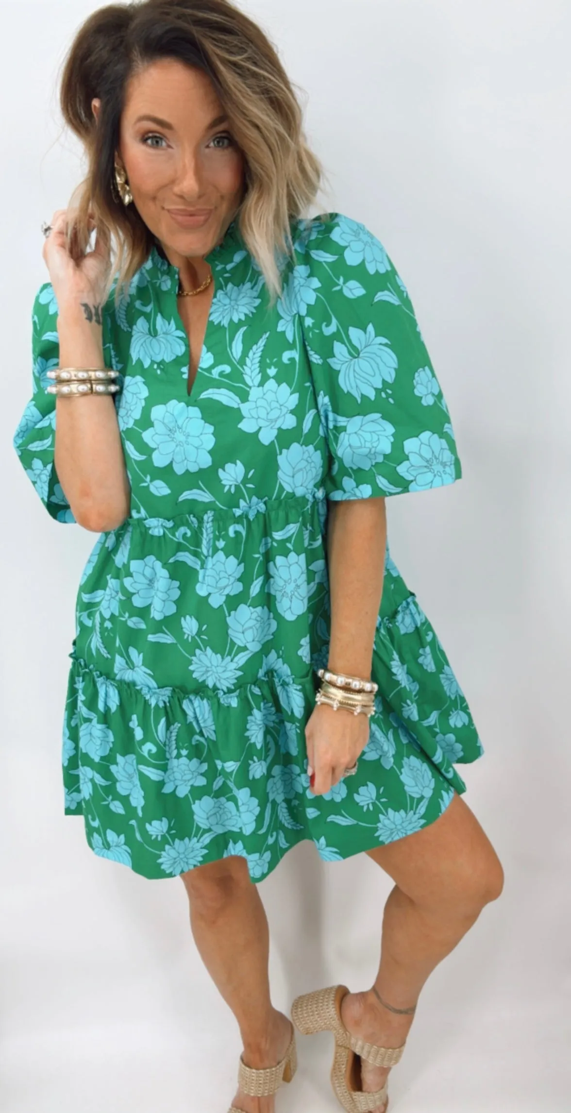 Waterlilly Floral Split Neck Shift Dress