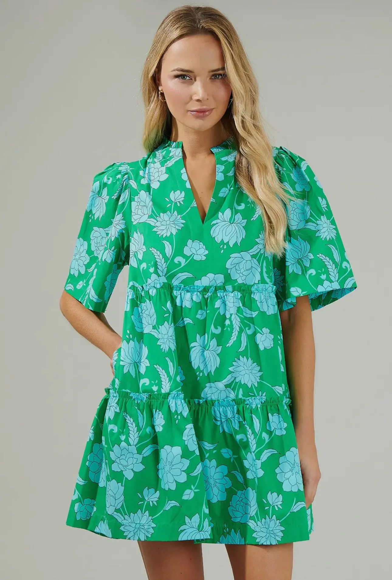 Waterlilly Floral Split Neck Shift Dress