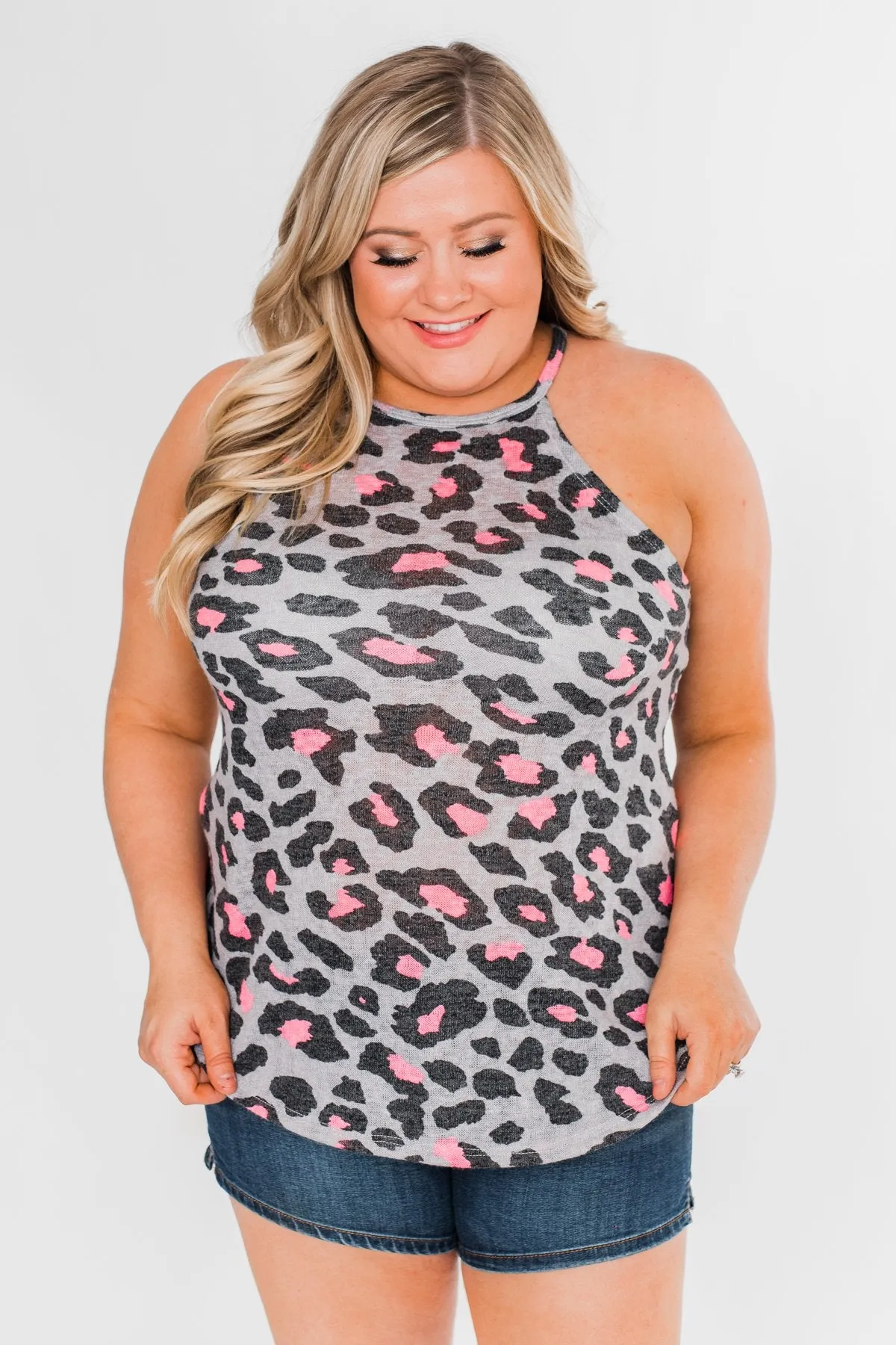 What About Now Leopard Halter Tank Top- Grey