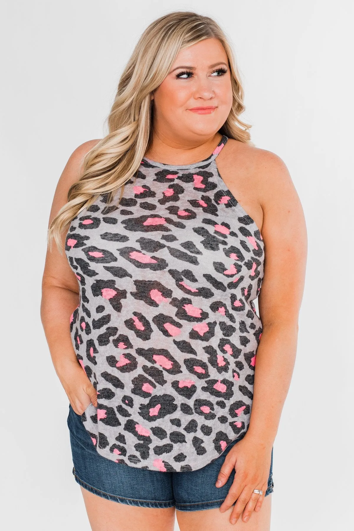 What About Now Leopard Halter Tank Top- Grey