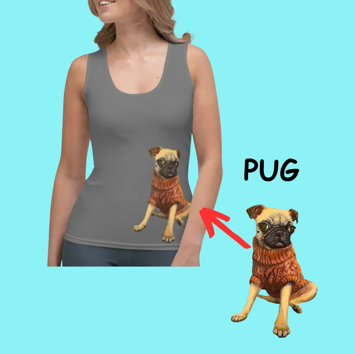 Whimsy Fit Grey Tank Top  with Pug