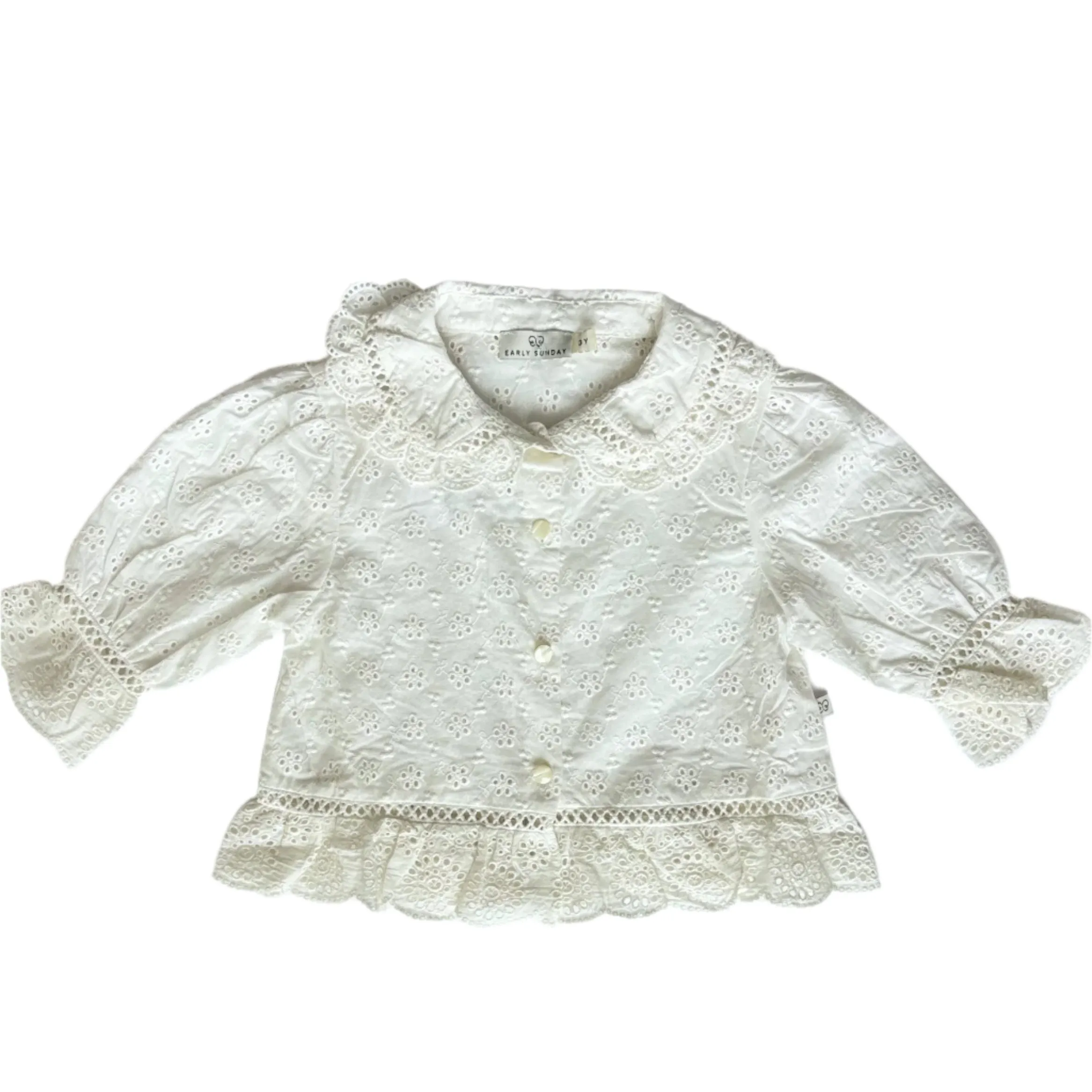 White Eyelet Peplum Collared Blouse