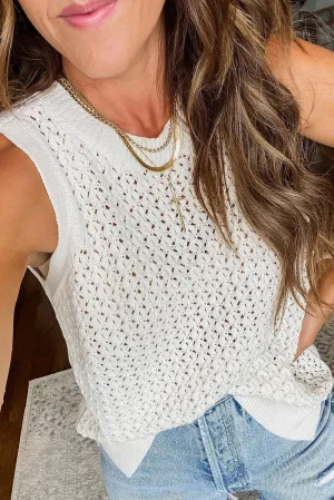 White Openwork Knit Tank Top