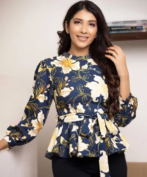 White Printed Peplum Waist Tie Top
