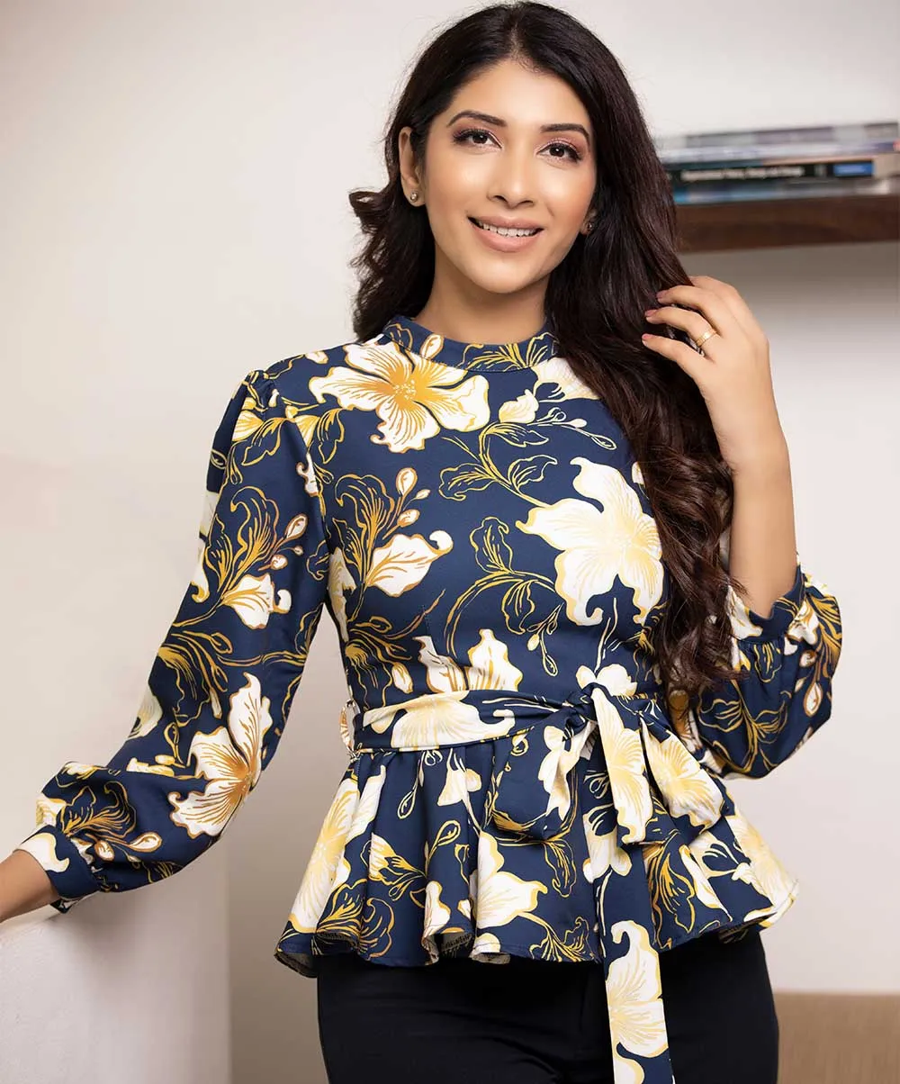 White Printed Peplum Waist Tie Top