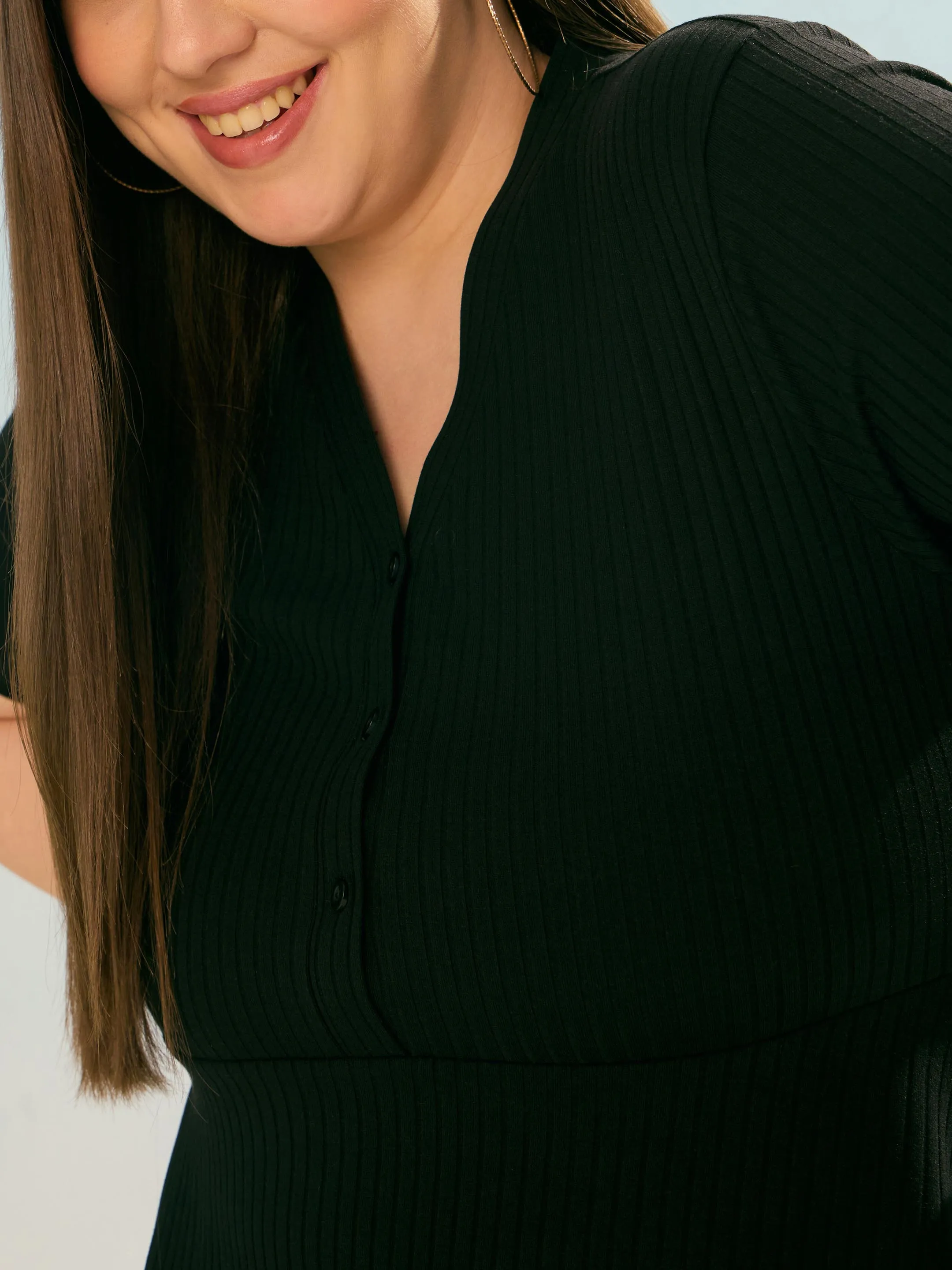 Women Black Rib V Neck Peplum Top