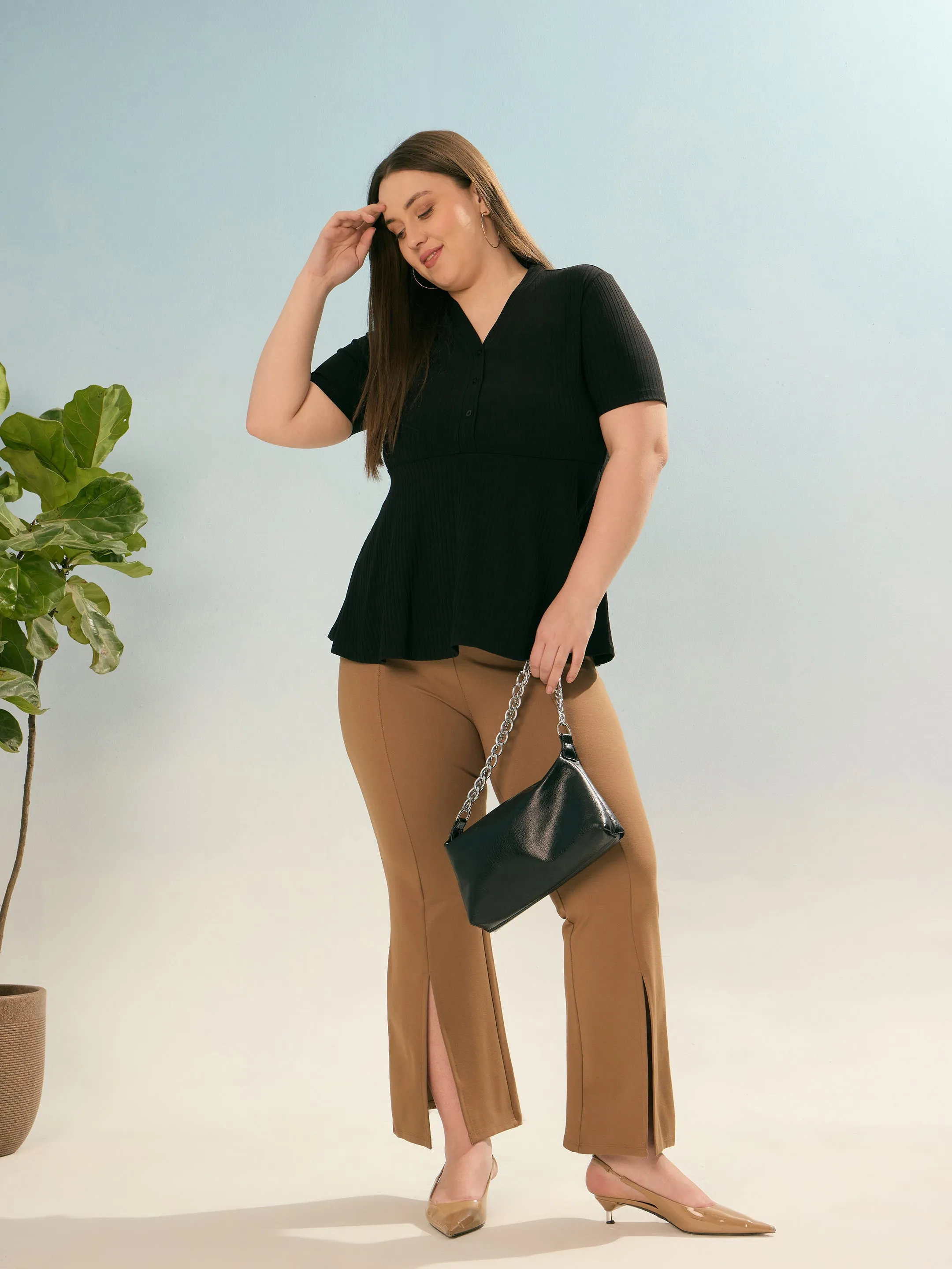 Women Black Rib V Neck Peplum Top