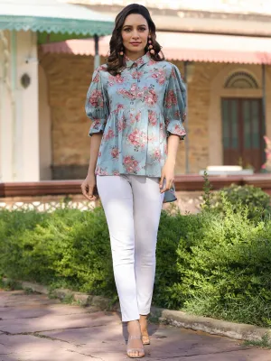 Women Blue Shantoon Floral Printed High & Low Peplum Tunic.