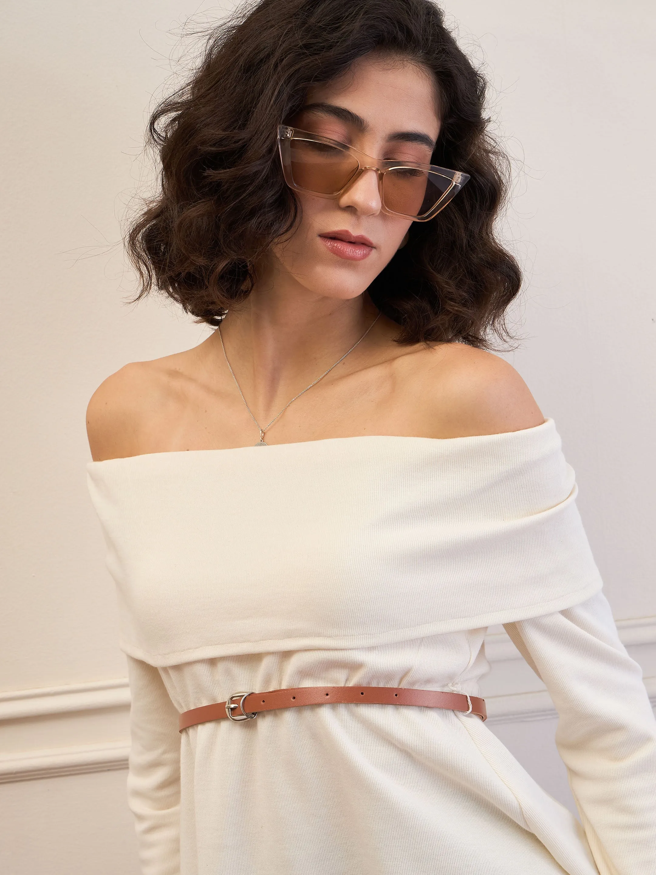 Women Off-White Off-Shoulder Belted Peplum Top
