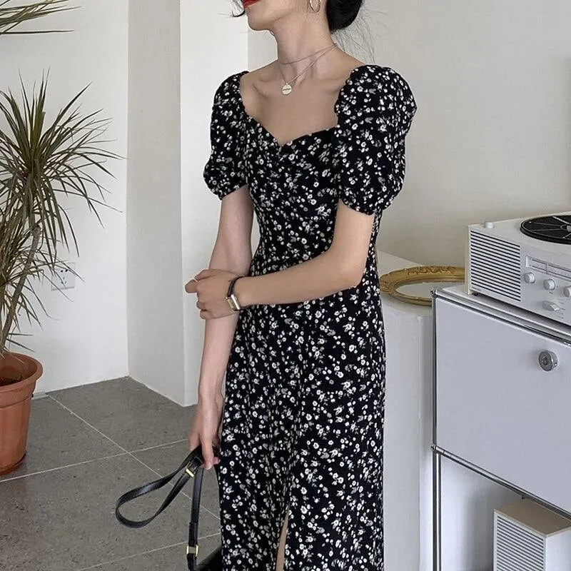Women Summer Style Dress Lady Casual Short Puff Sleeve Square Collar Daisy Printed Split Dress Vestidos SS244