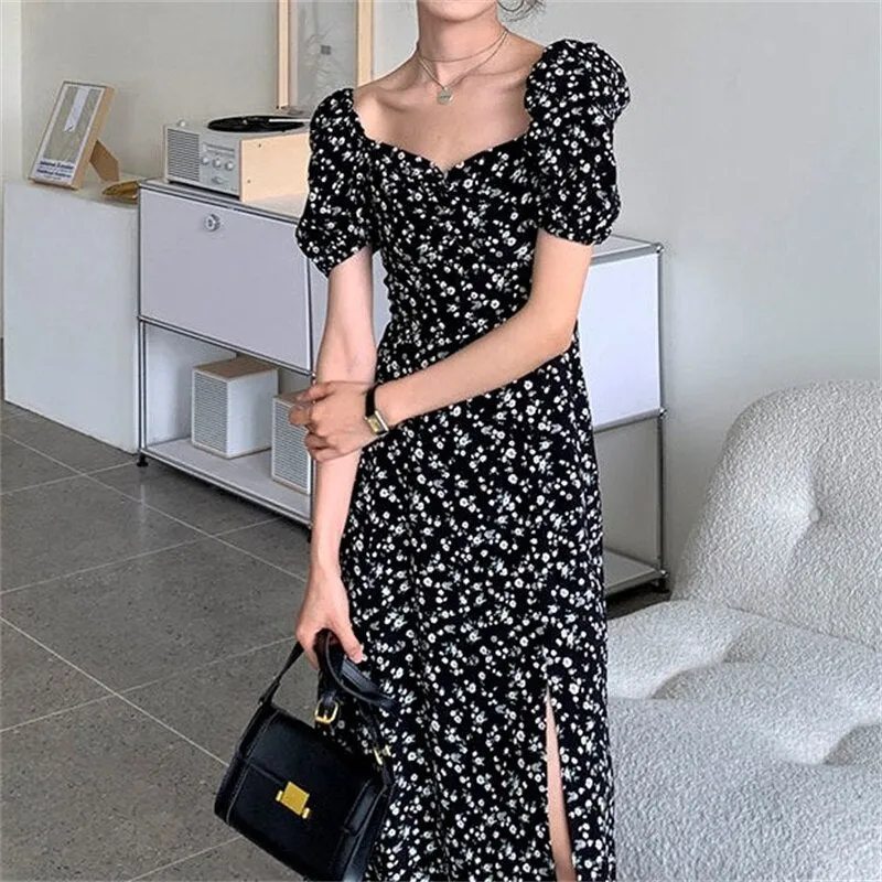 Women Summer Style Dress Lady Casual Short Puff Sleeve Square Collar Daisy Printed Split Dress Vestidos SS244