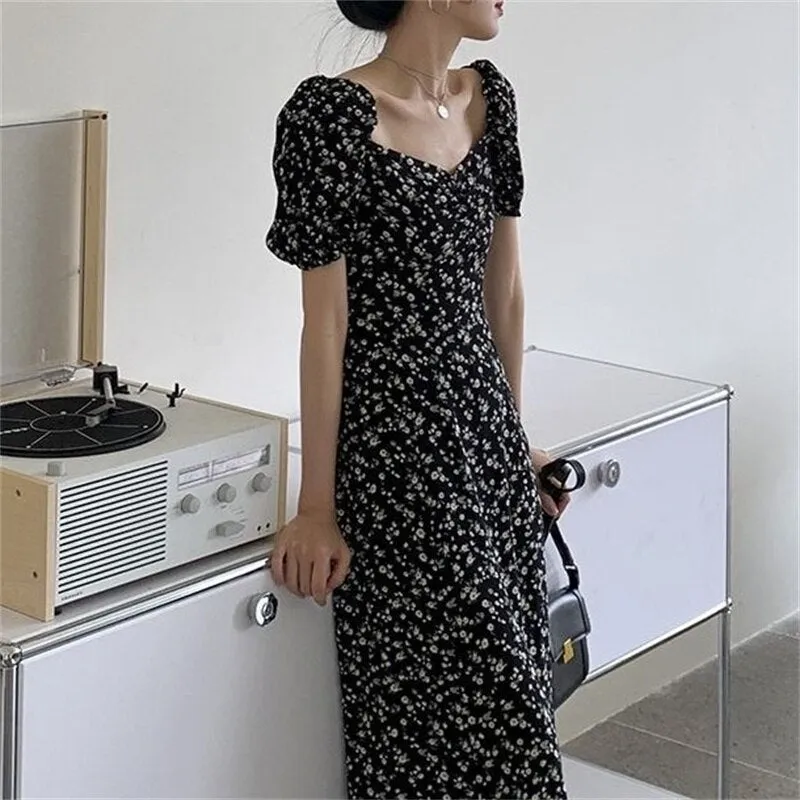 Women Summer Style Dress Lady Casual Short Puff Sleeve Square Collar Daisy Printed Split Dress Vestidos SS244