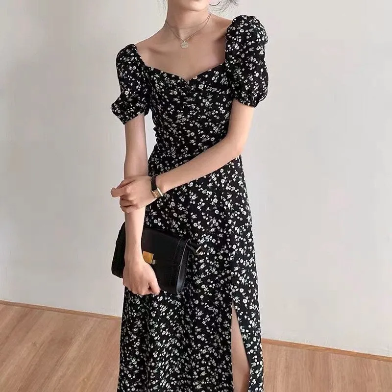 Women Summer Style Dress Lady Casual Short Puff Sleeve Square Collar Daisy Printed Split Dress Vestidos SS244