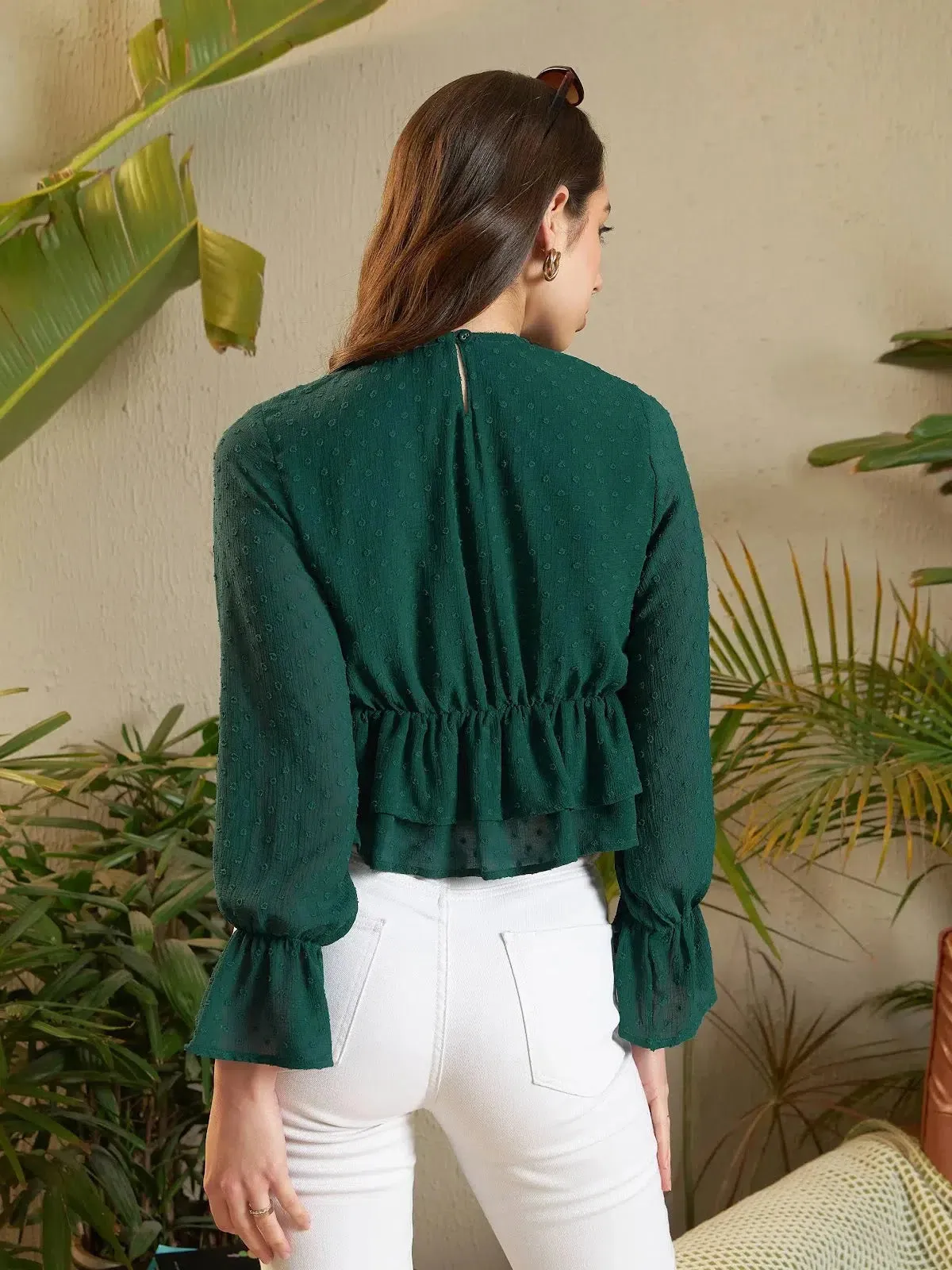 Women Teal Dobby Layered Hem Peplum Top
