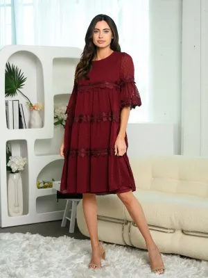 WOMEN'S 3/4 SLEEVE ALL OVER LACE MIDI DRESS