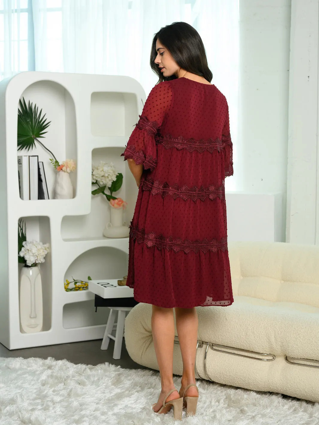 WOMEN'S 3/4 SLEEVE ALL OVER LACE MIDI DRESS