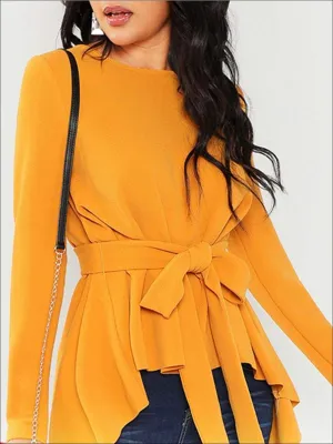Women's Classy Asymmetrical Hem Belted Blouse