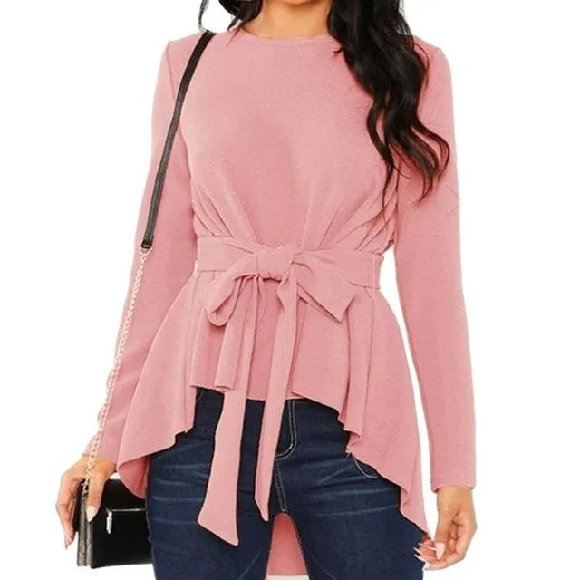Women's Classy Asymmetrical Hem Belted Blouse