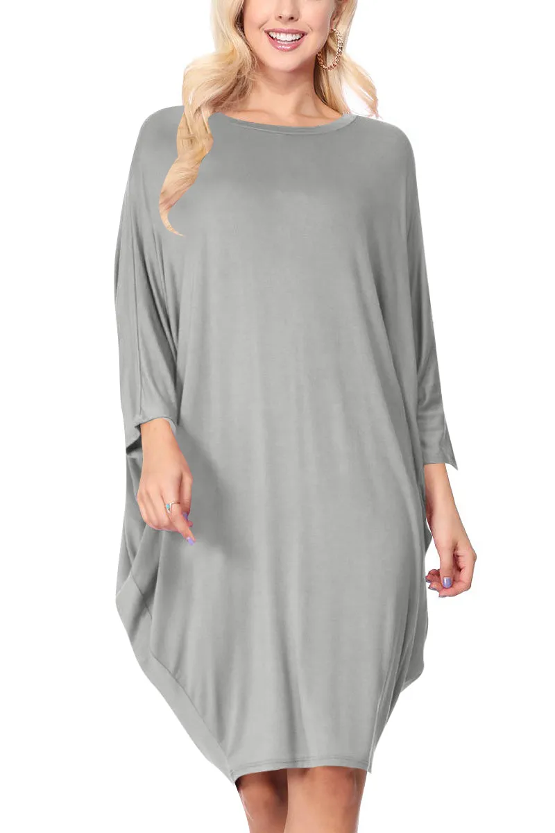 Women's Dolman Sleeves Side Draped Lightweight Solid Midi Dress S-XL