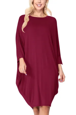Women's Dolman Sleeves Side Draped Lightweight Solid Midi Dress S-XL