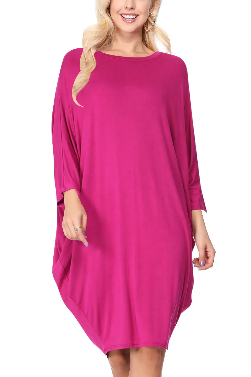 Women's Dolman Sleeves Side Draped Lightweight Solid Midi Dress S-XL