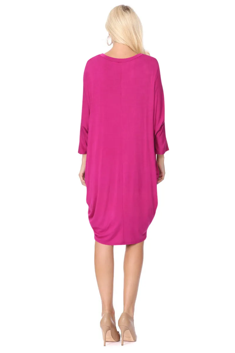 Women's Dolman Sleeves Side Draped Lightweight Solid Midi Dress S-XL