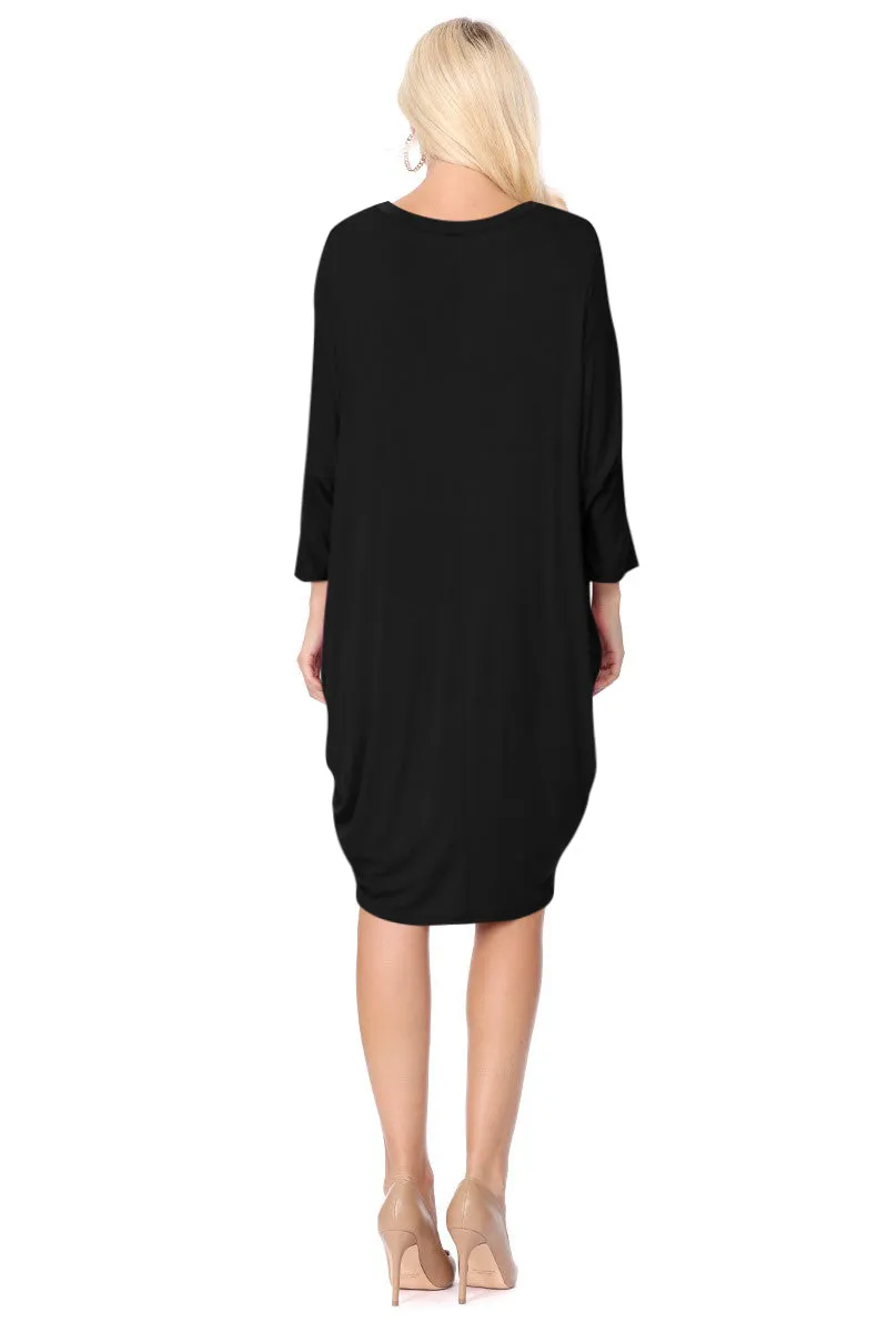 Women's Dolman Sleeves Side Draped Lightweight Solid Midi Dress S-XL