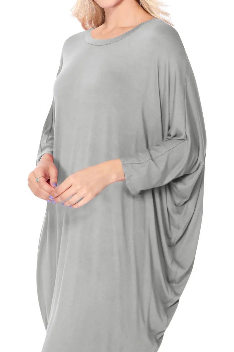 Women's Dolman Sleeves Side Draped Lightweight Solid Midi Dress S-XL