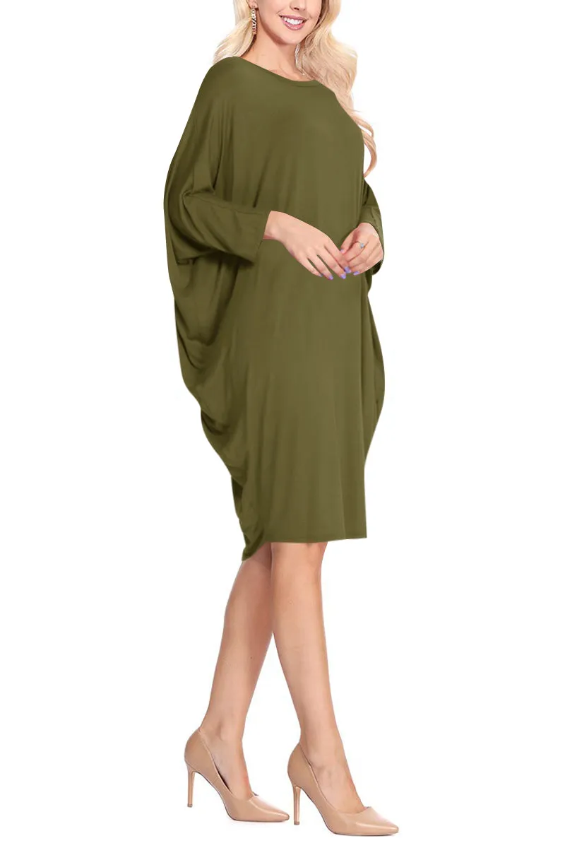 Women's Dolman Sleeves Side Draped Lightweight Solid Midi Dress S-XL