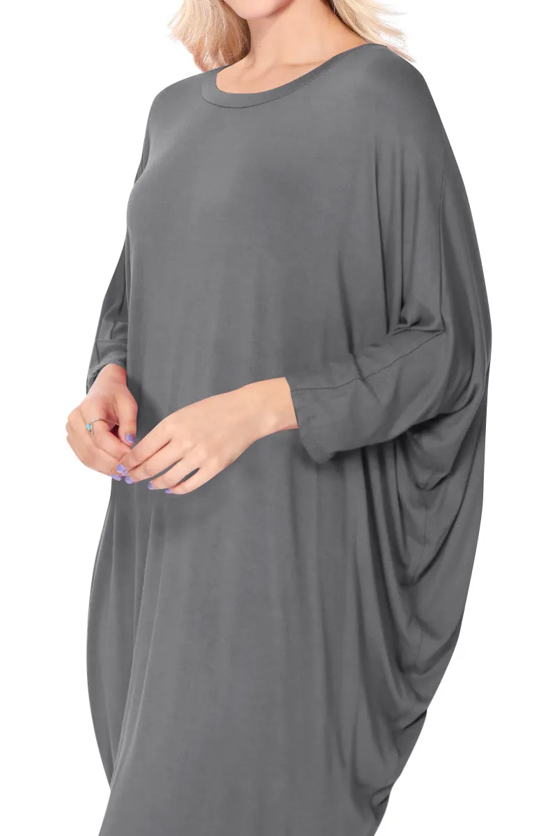 Women's Dolman Sleeves Side Draped Lightweight Solid Midi Dress S-XL