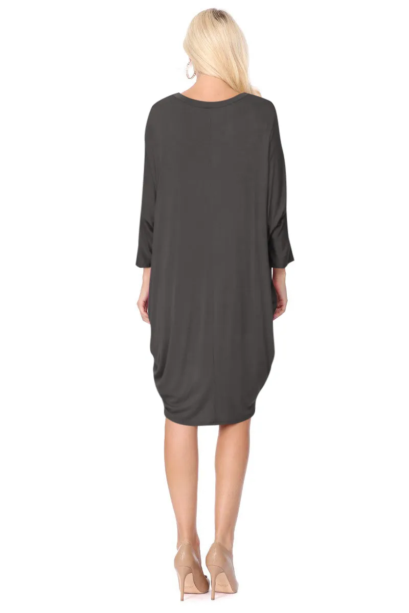 Women's Dolman Sleeves Side Draped Lightweight Solid Midi Dress S-XL