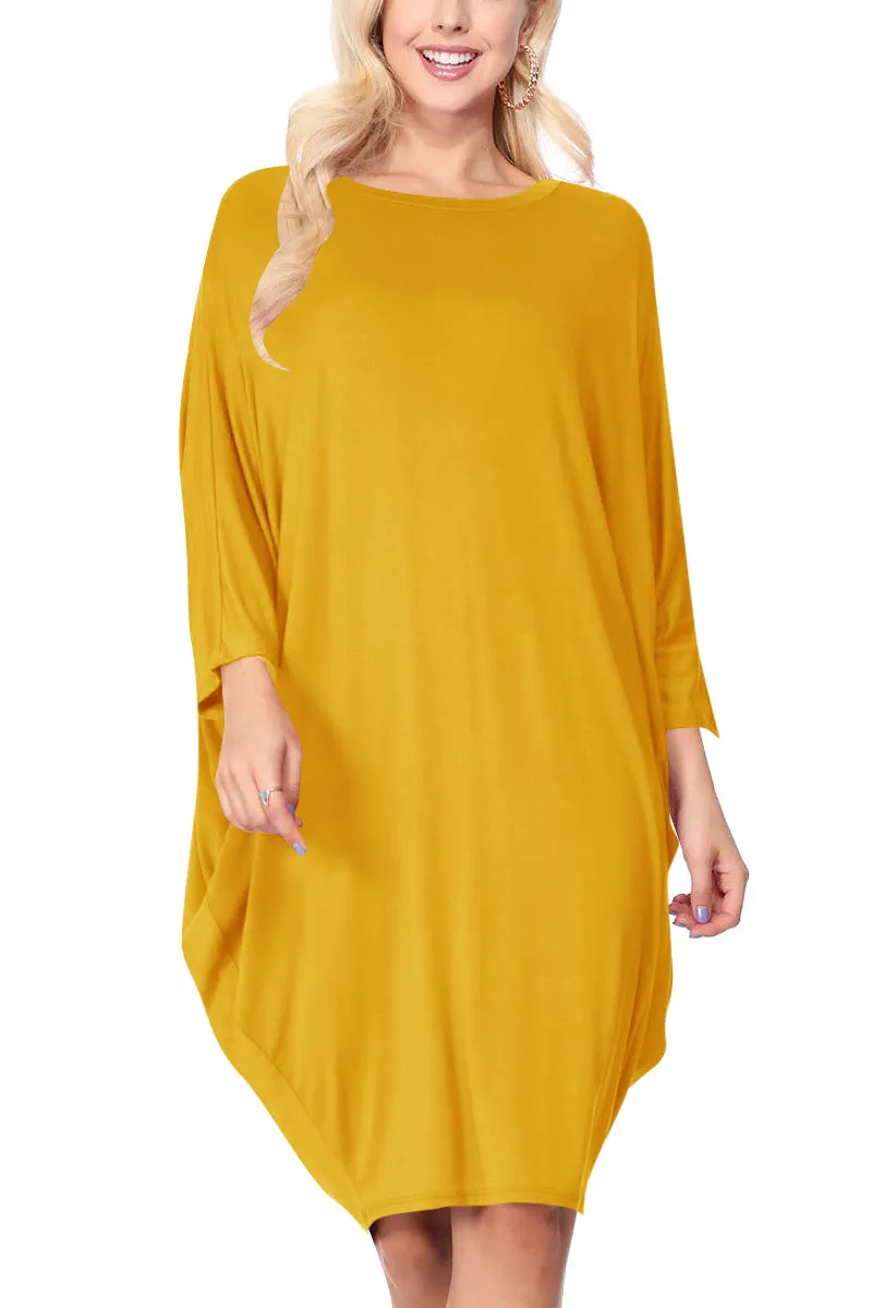 Women's Dolman Sleeves Side Draped Lightweight Solid Midi Dress S-XL