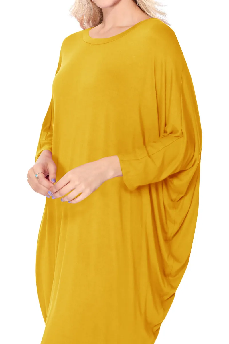 Women's Dolman Sleeves Side Draped Lightweight Solid Midi Dress S-XL