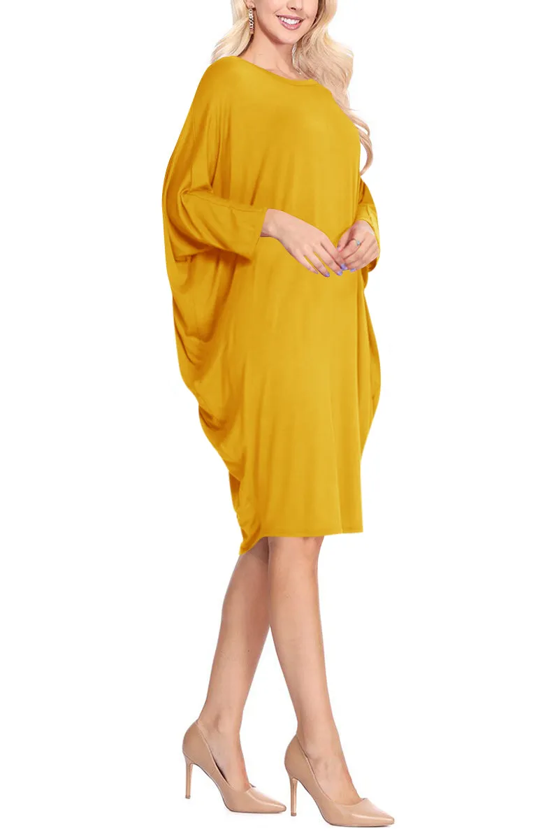 Women's Dolman Sleeves Side Draped Lightweight Solid Midi Dress S-XL