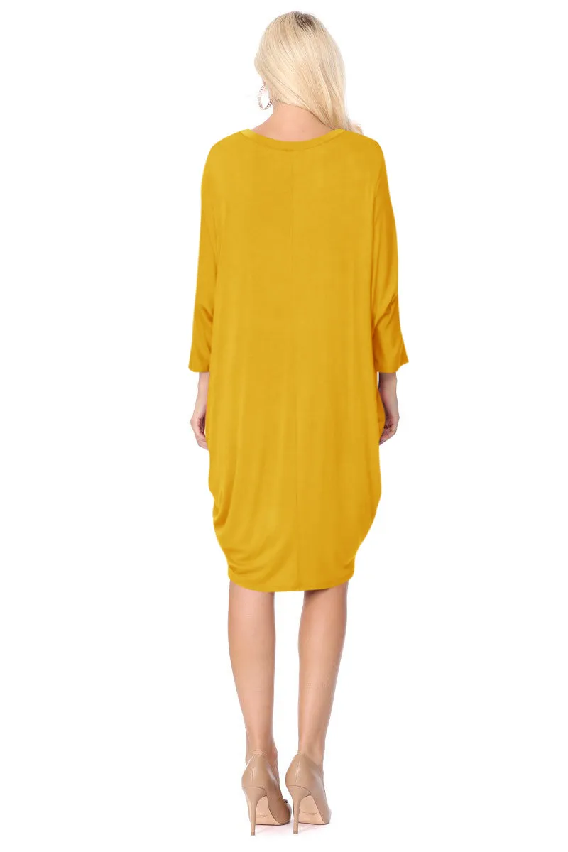 Women's Dolman Sleeves Side Draped Lightweight Solid Midi Dress S-XL