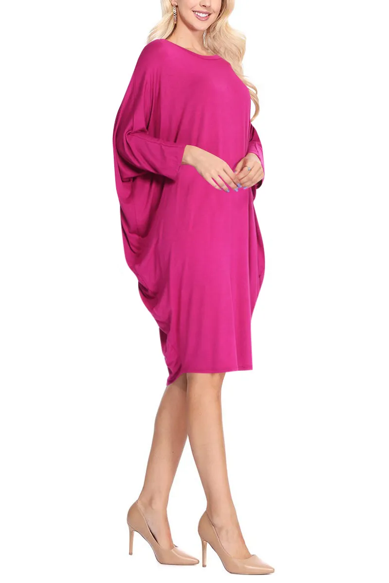 Women's Dolman Sleeves Side Draped Lightweight Solid Midi Dress S-XL