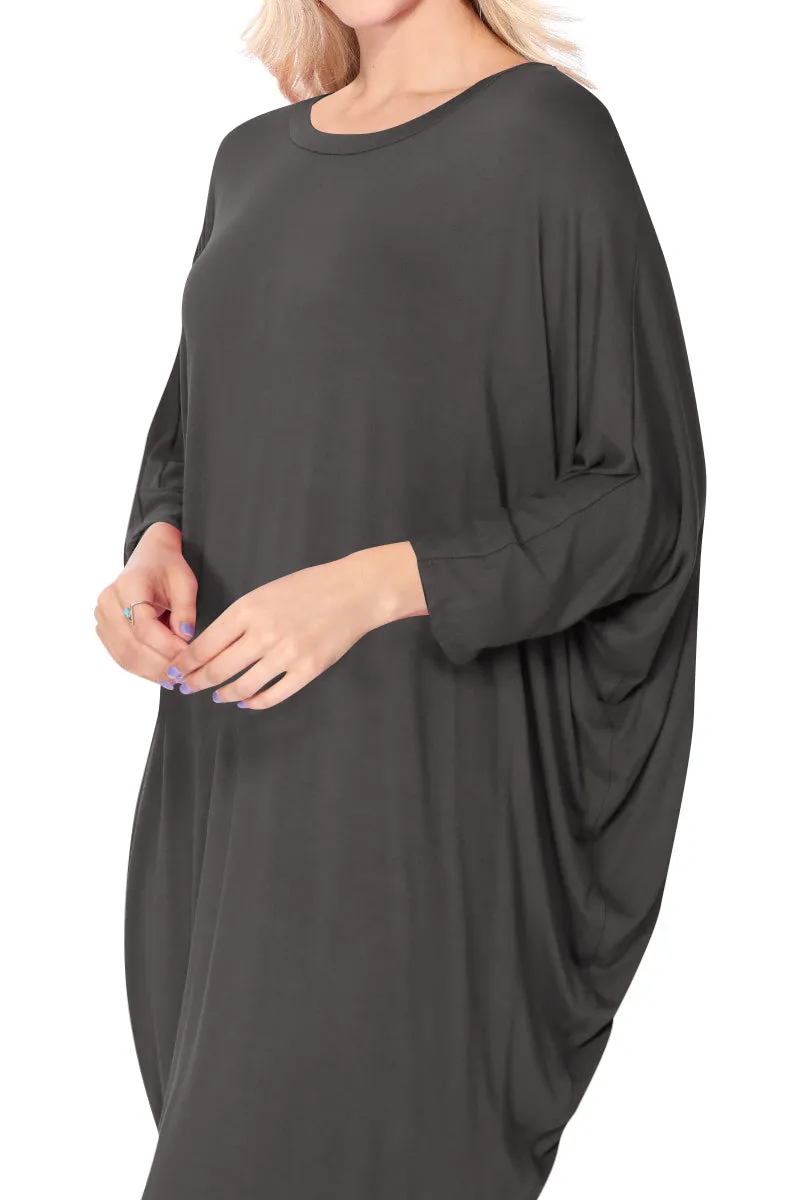 Women's Dolman Sleeves Side Draped Lightweight Solid Midi Dress S-XL