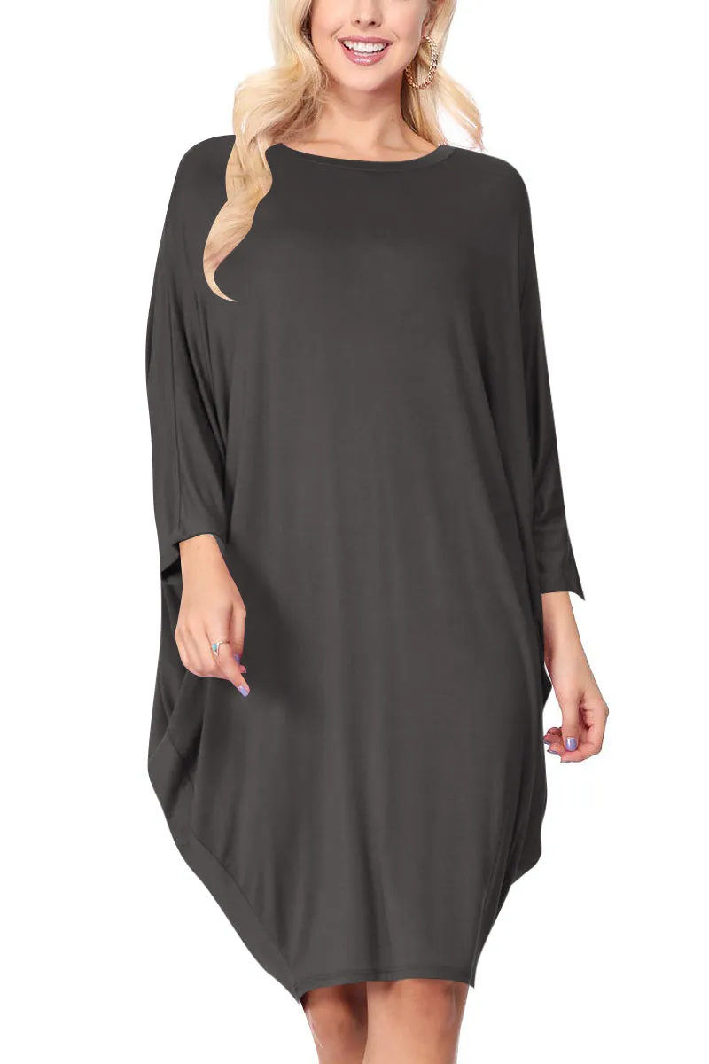 Women's Dolman Sleeves Side Draped Lightweight Solid Midi Dress S-XL
