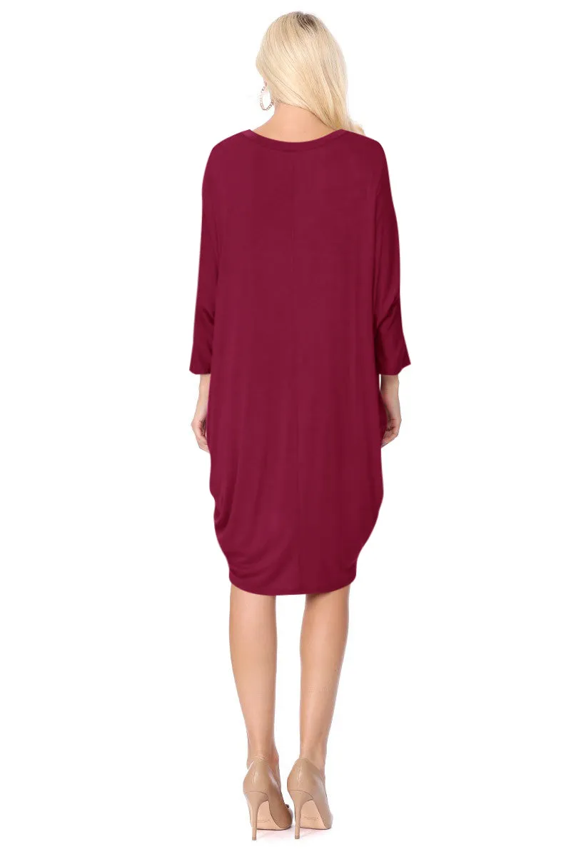 Women's Dolman Sleeves Side Draped Lightweight Solid Midi Dress S-XL