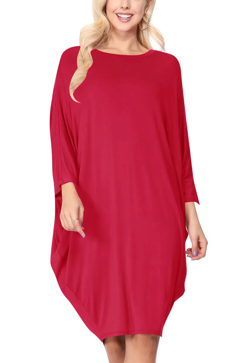Women's Dolman Sleeves Side Draped Lightweight Solid Midi Dress S-XL