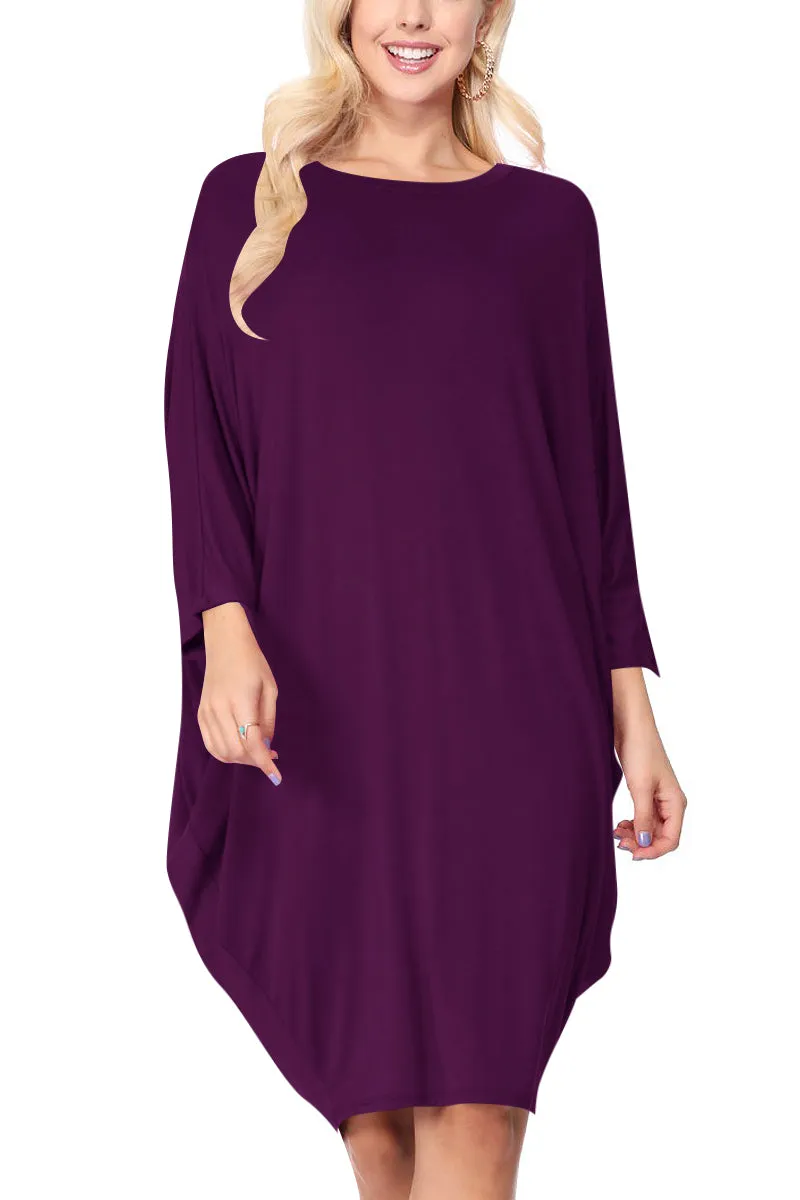 Women's Dolman Sleeves Side Draped Lightweight Solid Midi Dress S-XL