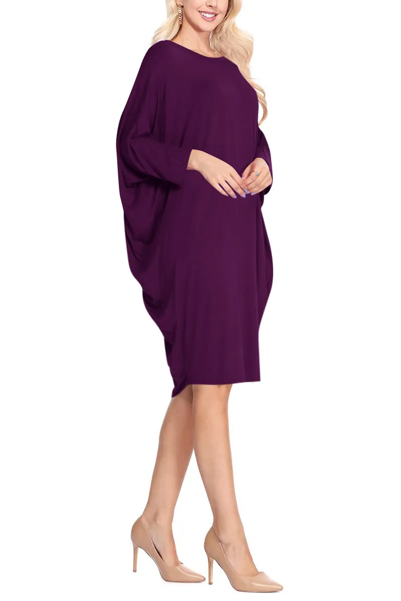 Women's Dolman Sleeves Side Draped Lightweight Solid Midi Dress S-XL