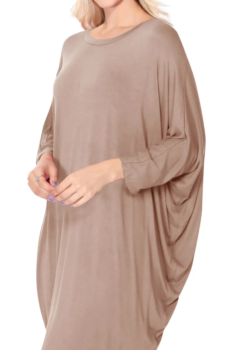 Women's Dolman Sleeves Side Draped Lightweight Solid Midi Dress S-XL